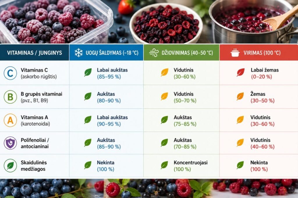 Konservavimo būdų palyginimas pagal vitaminų išsaugojimą (lentelė)